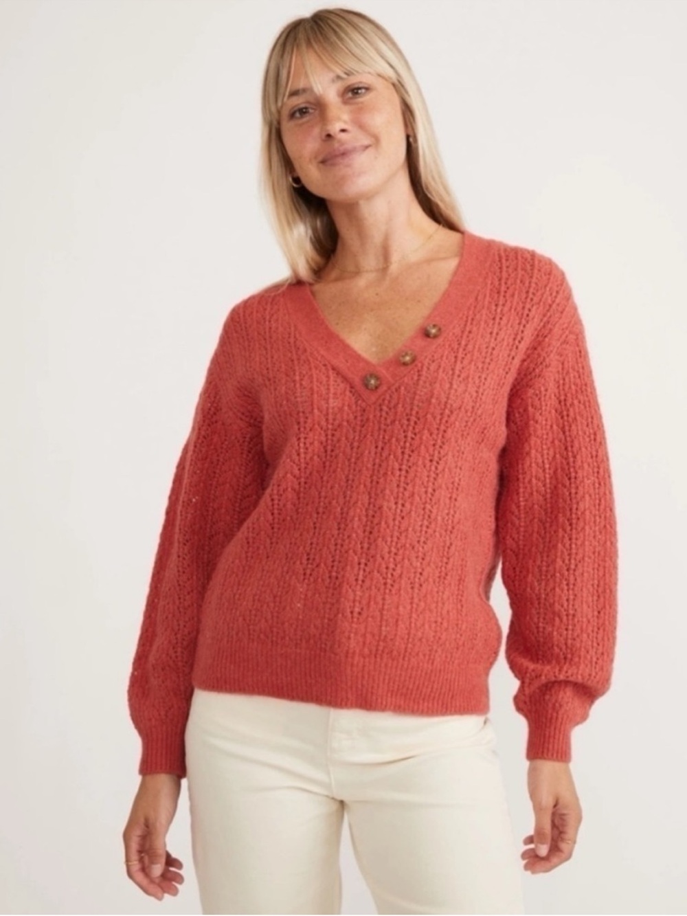 Marine Layer $148 Evelyn V-Neck  Women's Pointelle Sweater Medium EUC